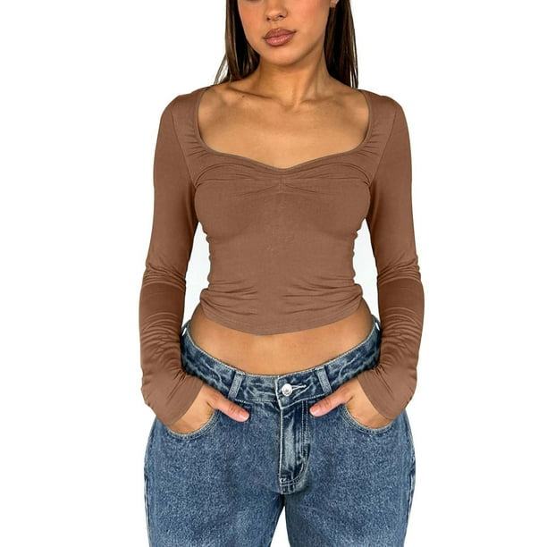 Gibobby Camisa Vaquera Camiseta de punto corta de manga larga de color sólido con cuello cuadrado sexy para mujer(Café, M)
