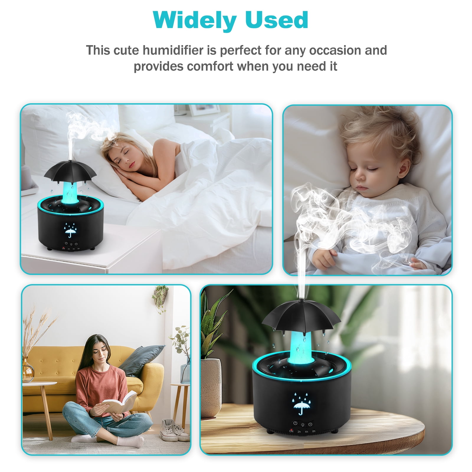 Humidifier for Bedroom, 7-Color Rotating Umbrella Diffuser with Rain Drop Effect, 300ML Small Humidifier Aroma Diffuser with Remote & Timer, Funny Rain Humidifier Gift for Kids Teen Women