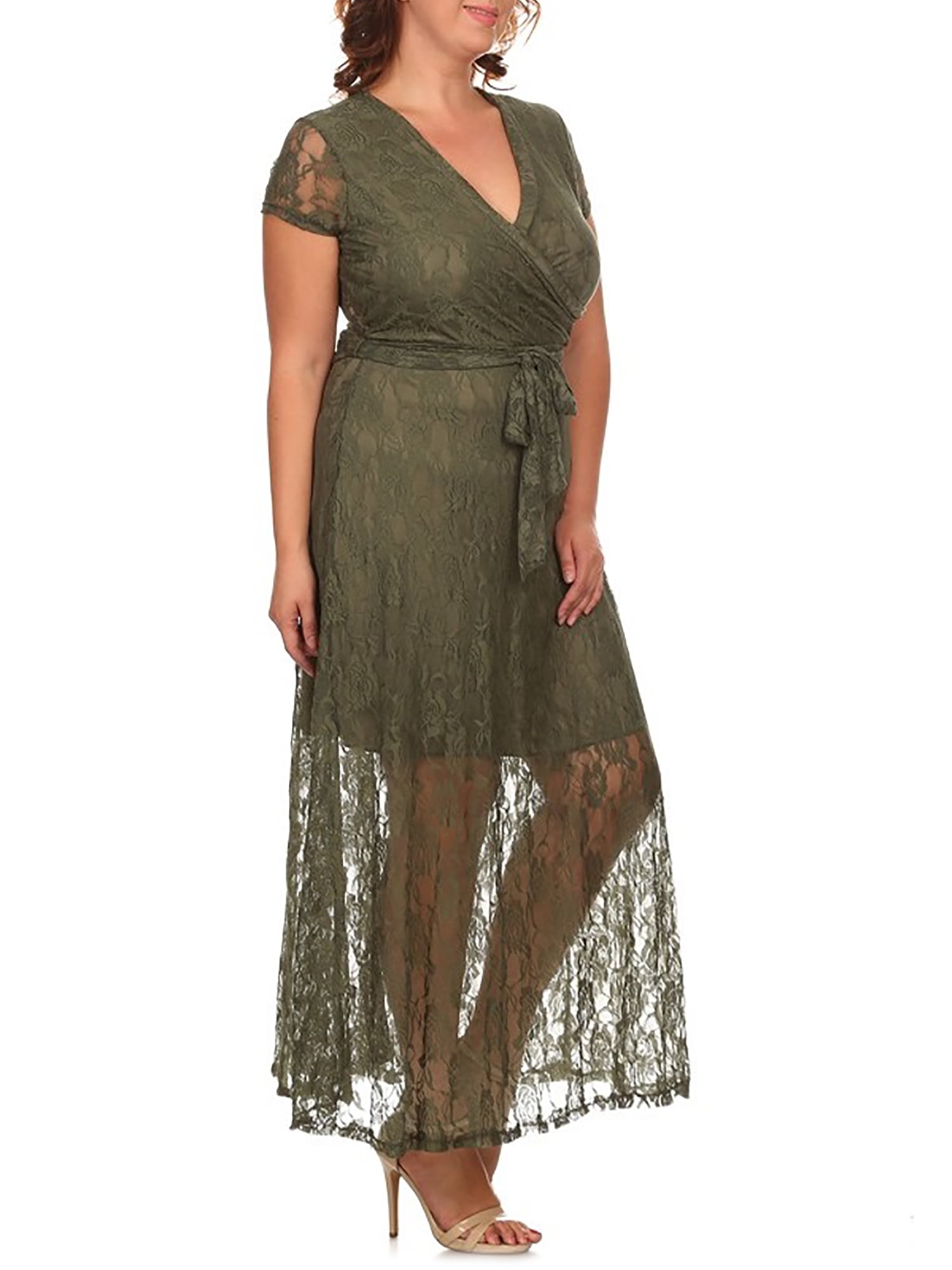 ella samani women's plus size lace sleeve yoke dress Ella Samani Women's Plus Size Lace Wrap Maxi Dress with Tie Waist