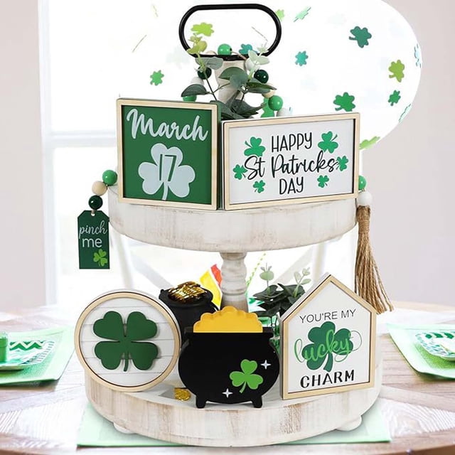Día de San Patricio Decoración de madera de trébol de cuatro hojas | Signo de la suerte con adorno irlandés | Decoración festiva de oficina en casa interior y exterior | Regalo navideño | Acento de