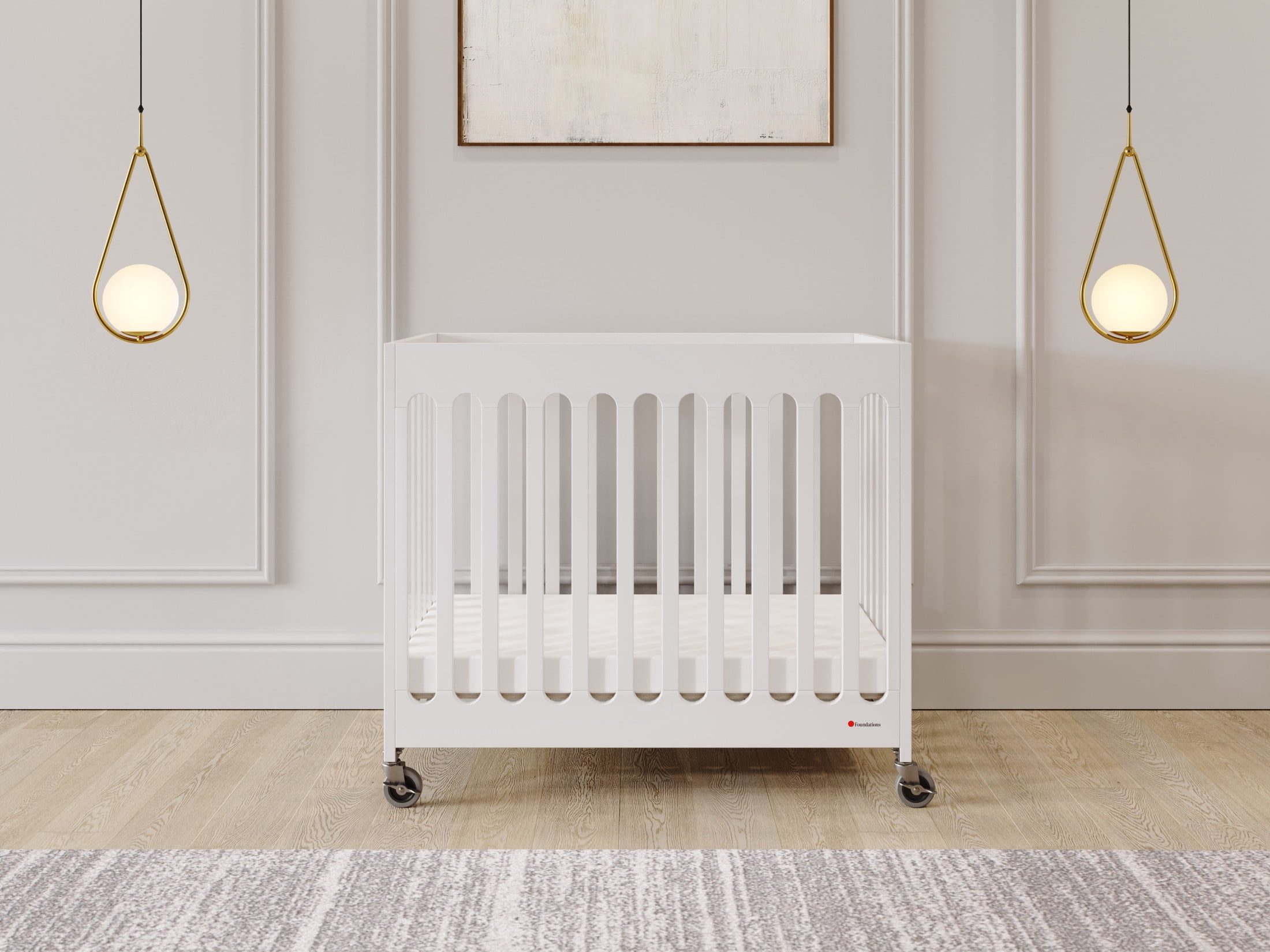 Foundations Boutique Compact Folding Crib 3-Pack with 3" Mattresses, Locking Wheels, White