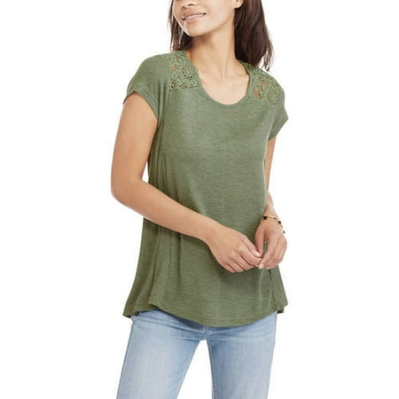Womens Short Sleeve Lace Trim Ribbed Swing Top