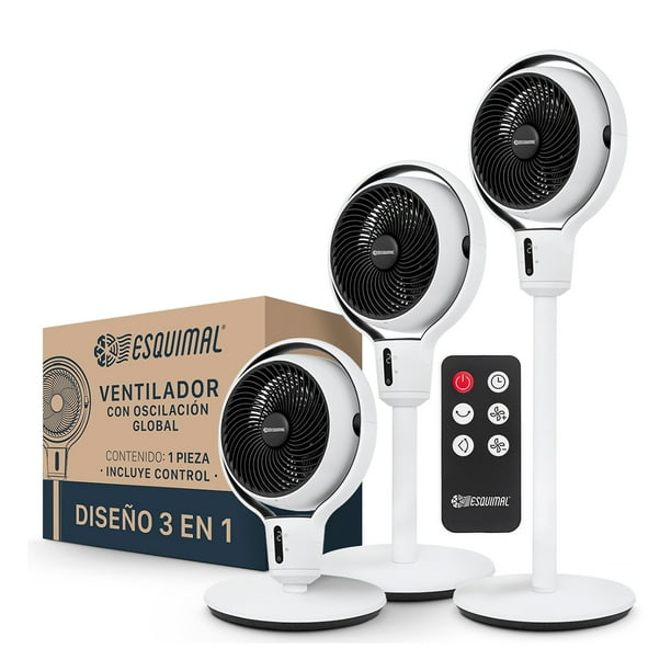 Ventilador Esquimal 3 en 1 de Pedestal y Escritorio, Altura Ajustable, Oscilación 120°, Pantalla LED Táctil, Temporizador 8h, Color Blanco