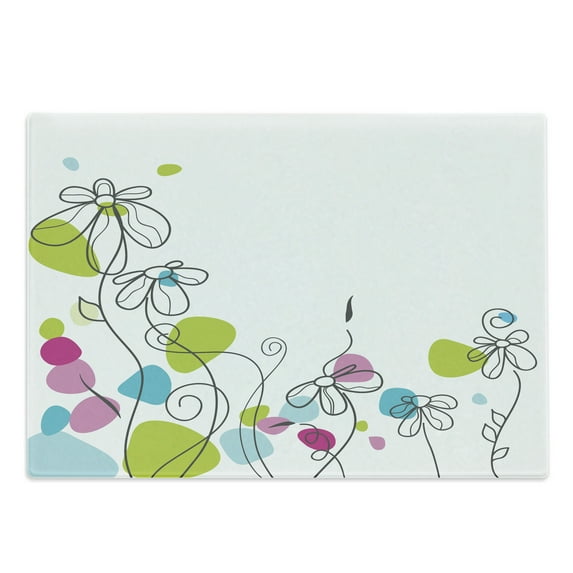 Floral Cutting Board, Chamomiles Daisy Flowers Spring Florets Blossoms Buds Leaves Nature Summer Design, Decorative Tempered Glass Cutting and Serving Board, Large Size, Multicolor, by Ambesonne