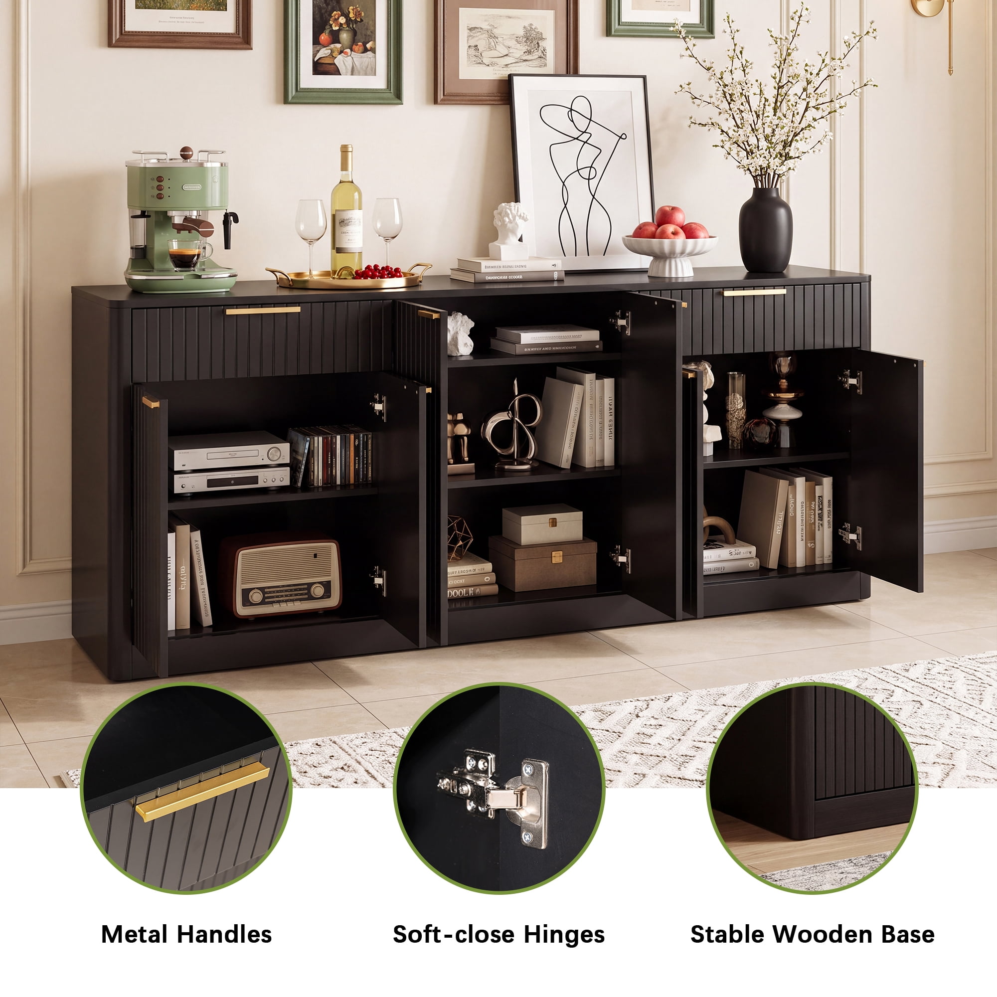 HOQBN 67" Fluted Buffet Sideboard, Modern Storage Cabinet with 6 Doors & 2 Drawers,Large Credenza for Dining Room,Living Room,Entryway,Black