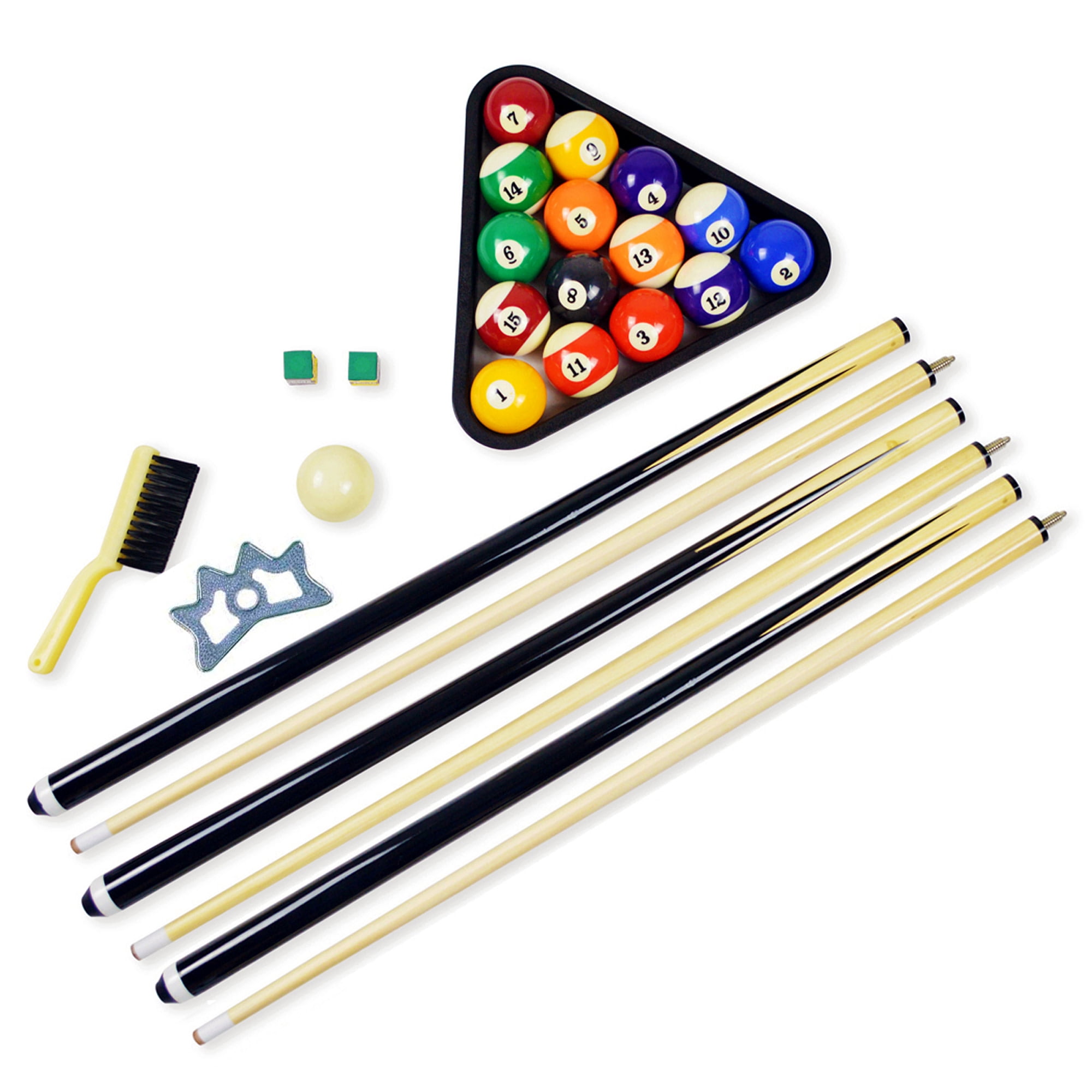 FREE Billiard Balls Triangle Rack Brush Chalk Bridge Set of 3 Pool Cues Kit 
