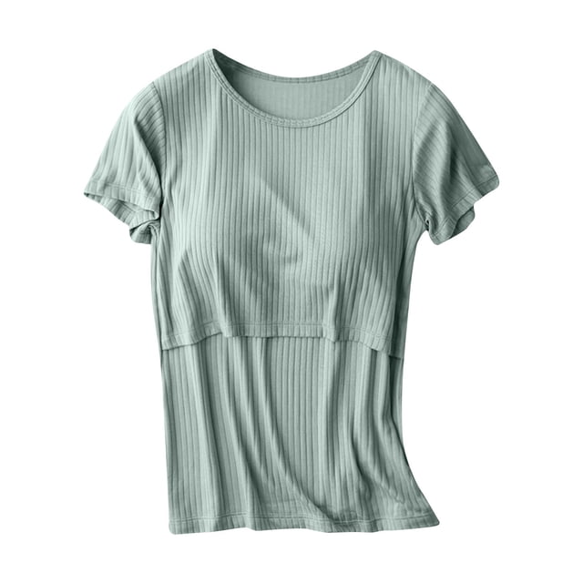 Penkiiy Tee-Shirt d'Allaitement pour Femmes Manches Courtes Col Rond T-Shirts Blouse Multi-Fonction Chemise Post-Partum Verte pour 2TG