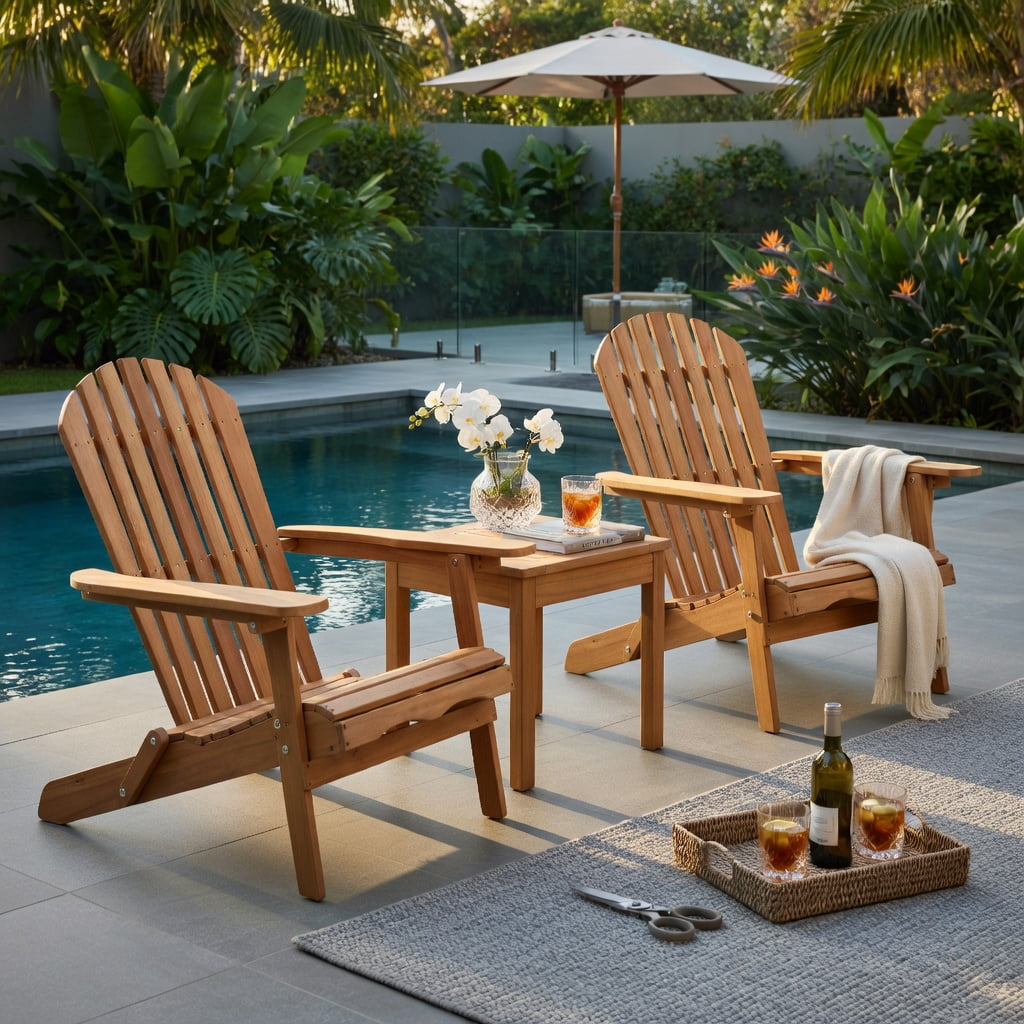 Hommoo 3-Piece Eucalyptus Adirondack Chair Set with Wide Armrests, Foldable Outdoor Patio Chairs & Side Table, Natural