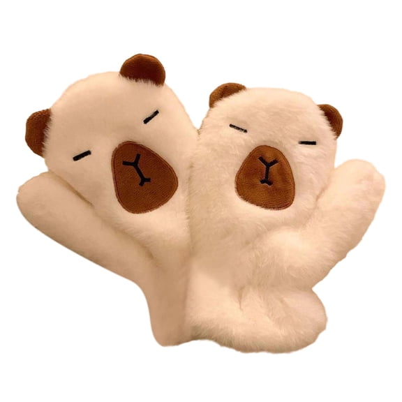 Capybara Themed Winter Mittens Warm Lined Full Coverage Fingerless Handwear with Detachable Neck Lanyard for Outdoor Enthusiasts,Color:White