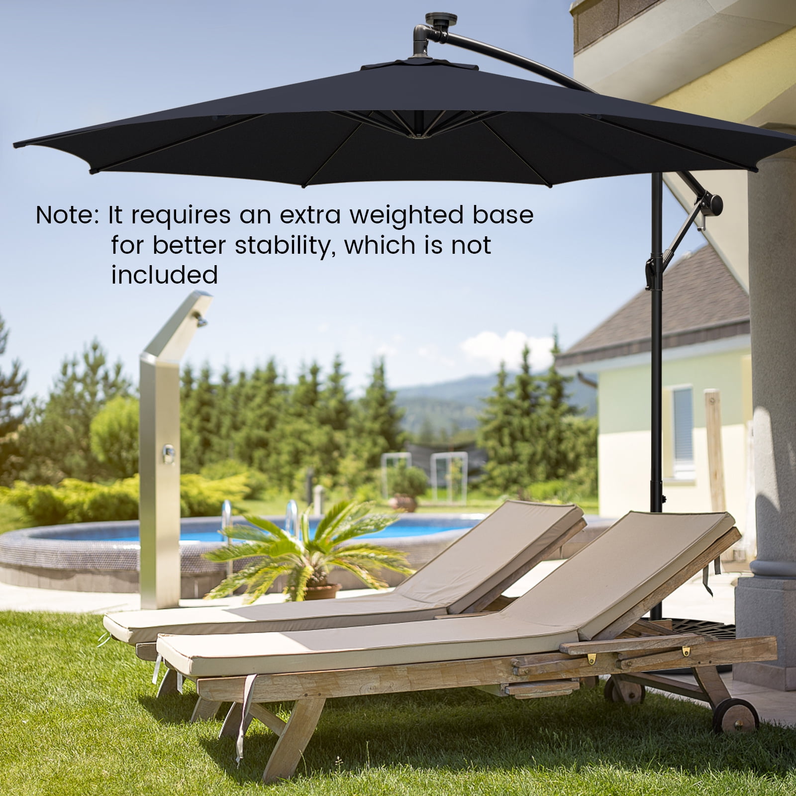 Topbuy 10FT Solar Offset Umbrella Tilted Cantilever Umbrella with 112 LED Lights Lighted Patio Sun Shade with Crank Handle Navy