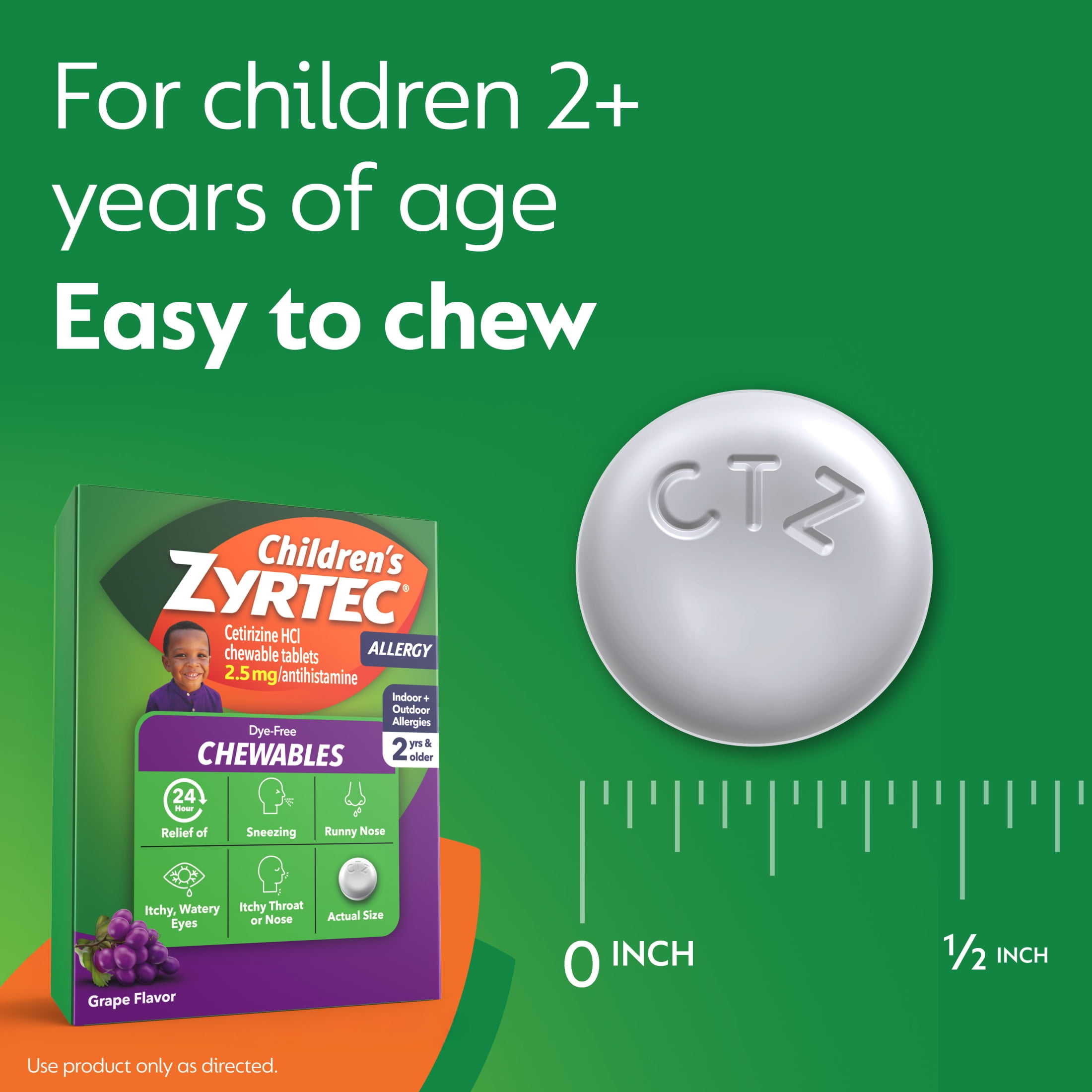 Children's Zyrtec 24 Hr 2.5 mg Allergy Chews for Ages 2+, Grape, 24 Count