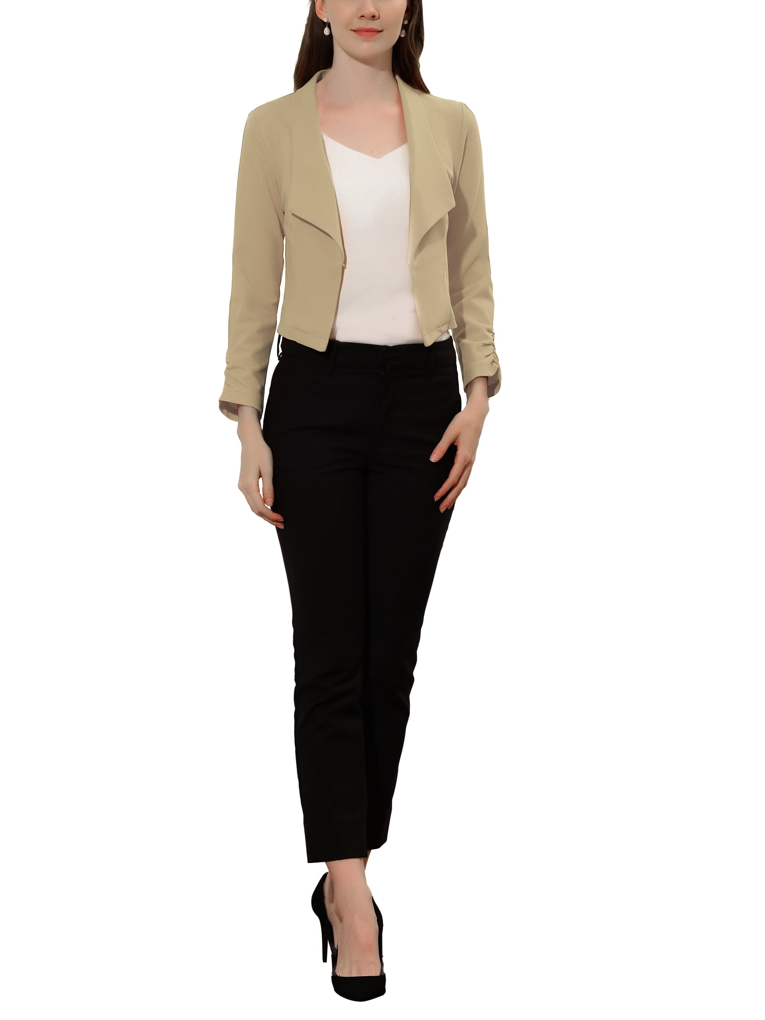 DARING DIVA Women's Notched Lapel Ruched Sleeve Crop Blazer M Khaki