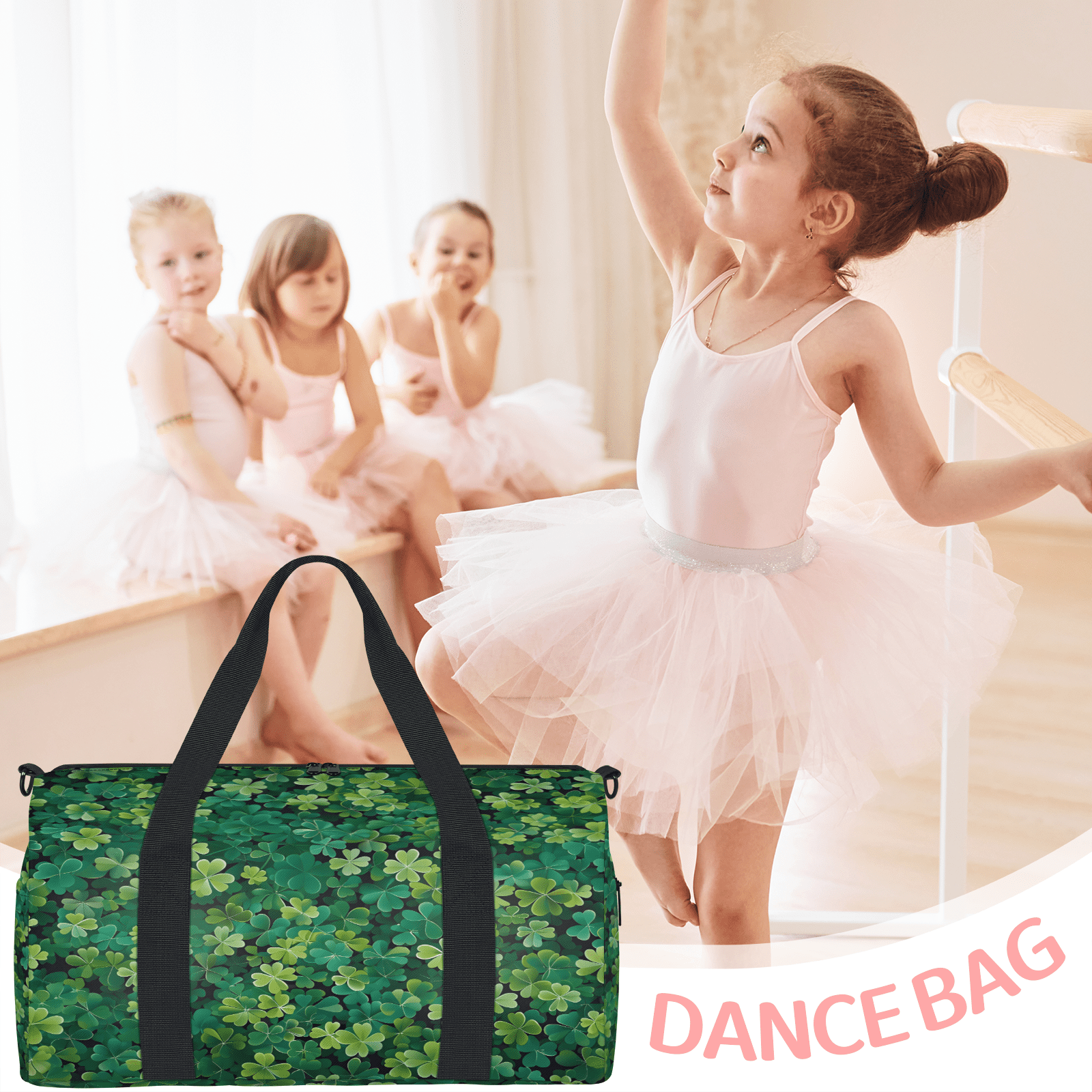 Herdesigns St. Patricks Day Green Irish Clover Gym Bag for Women, Duffle Bag for Travel Sport, Lightweight Waterproof Carry on Weekender Overnight Dance Yoga Workout Bags