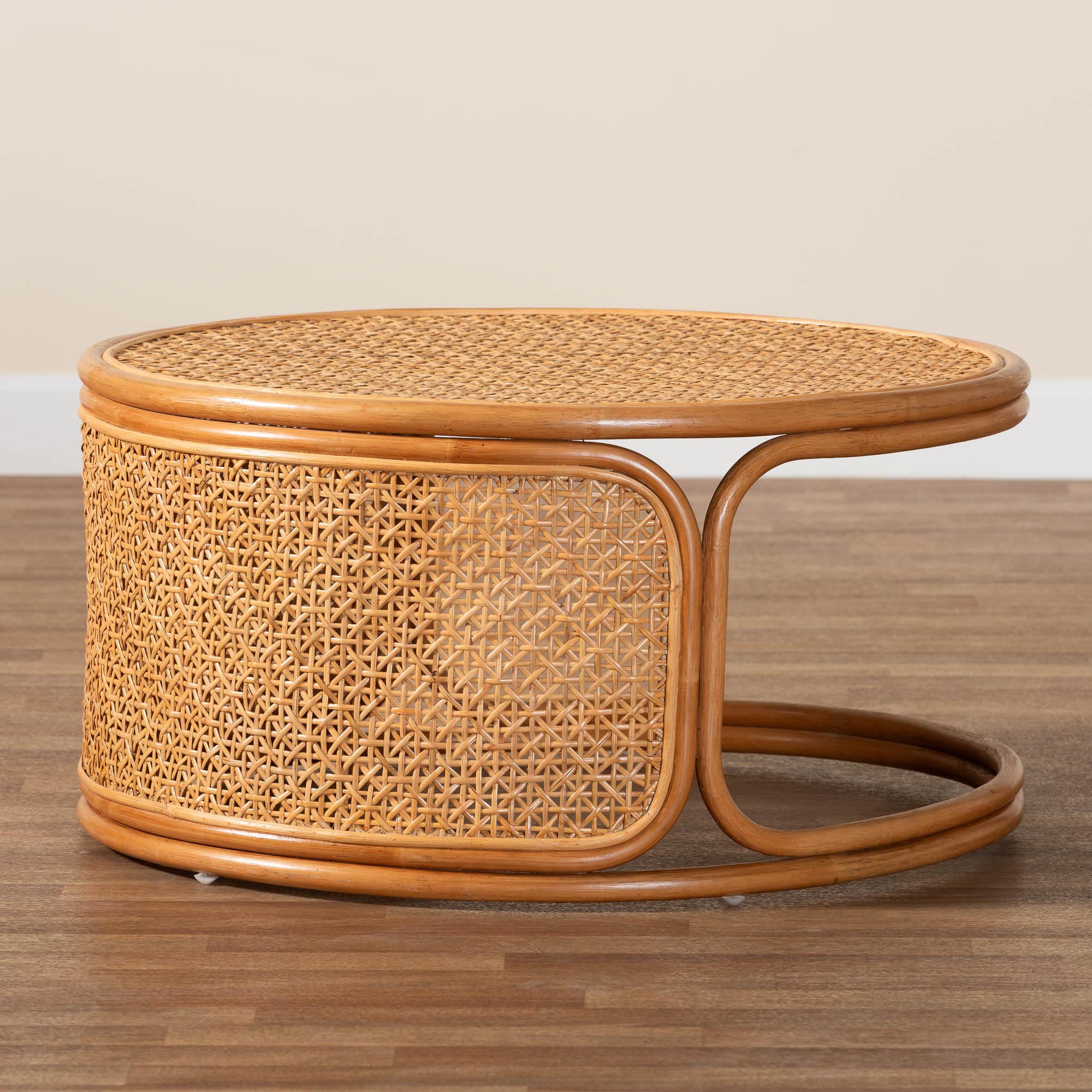 bali & pari Eldon Boho Coffee Table, Handwoven Natural Rattan, Honey