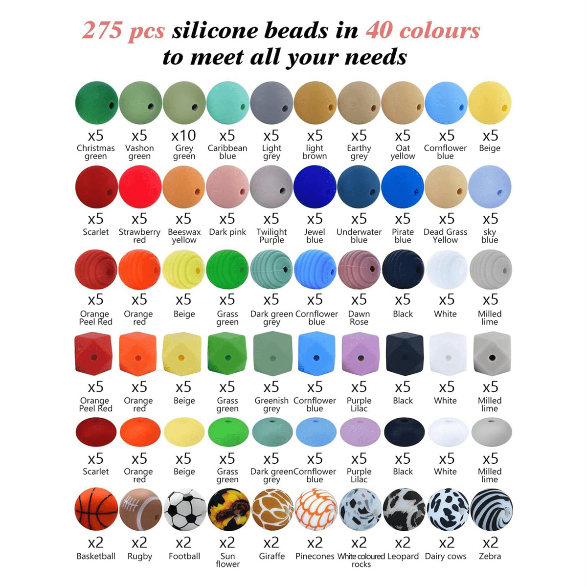 275 PCS 15MM Silicone Beads for Keychain Making Kit, Multiple Styles and Shapes Silicone Beads Bulk Rubber Beads