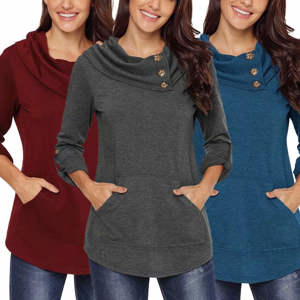 Whear Womens Casual Cowl Turtleneck Asymmetric Hem Wrap Tunic Pullover Button Long Sleeve Stripe Sweater Jumper
