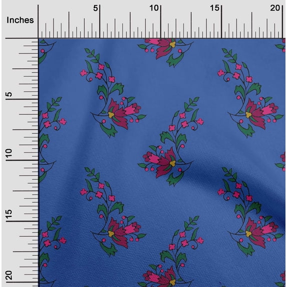 oneOone Georgette Viscose Medium Blue Fabric Leaves & Floral Block Fabric For Sewing Printed Craft Fabric By The Yard 42 Inch Wide