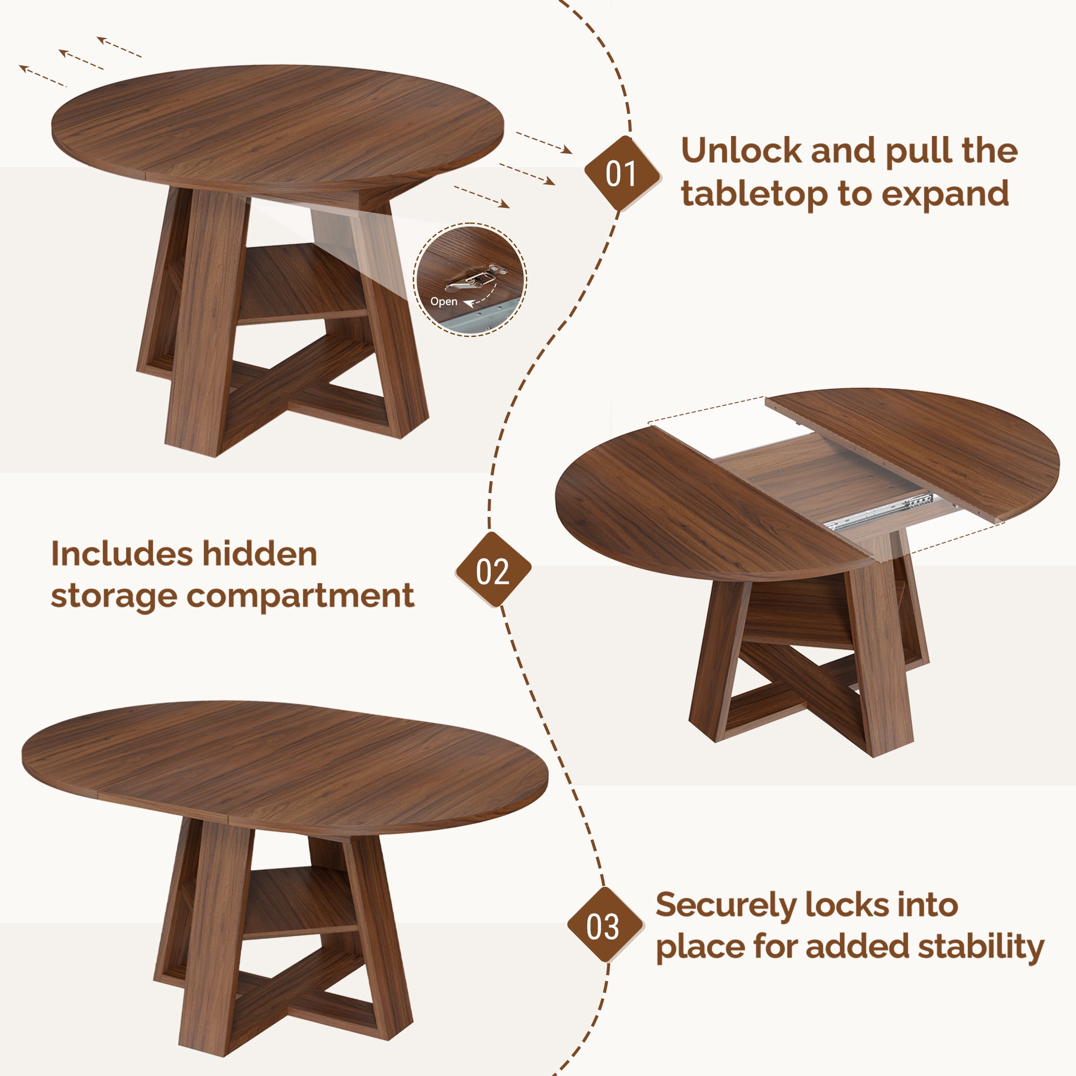 Hawsaiy 43.3-59 in Extendable Oval Dining Table for 4-6, Space-Saving Round Kitchen Table with Hidden Leaf Storage & Bottom Shelf for Small Space, Walnut