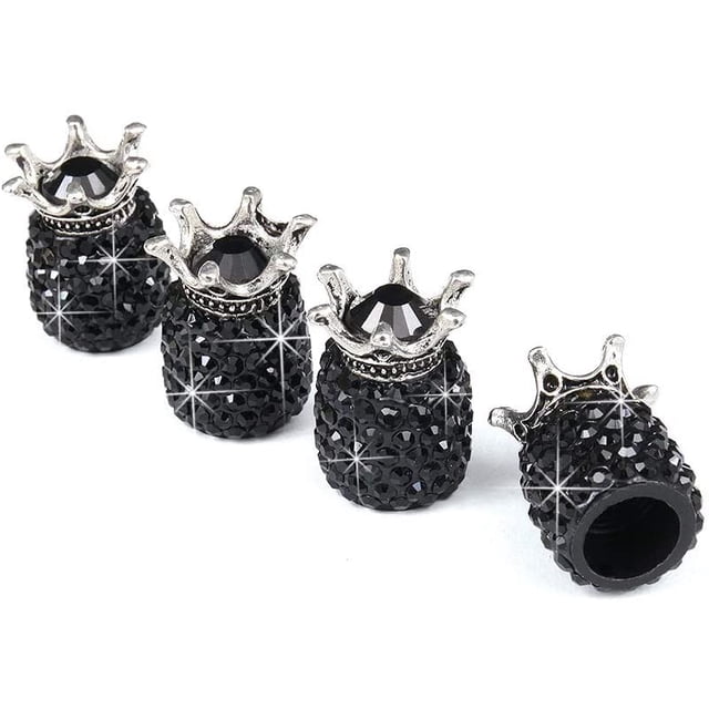 Crystal Tire Valve Caps, 4 Pack Handmade Universal Crown Crystal Rhinestone Tire Caps, Attractive Dustproof Accessorieforcar(Black)