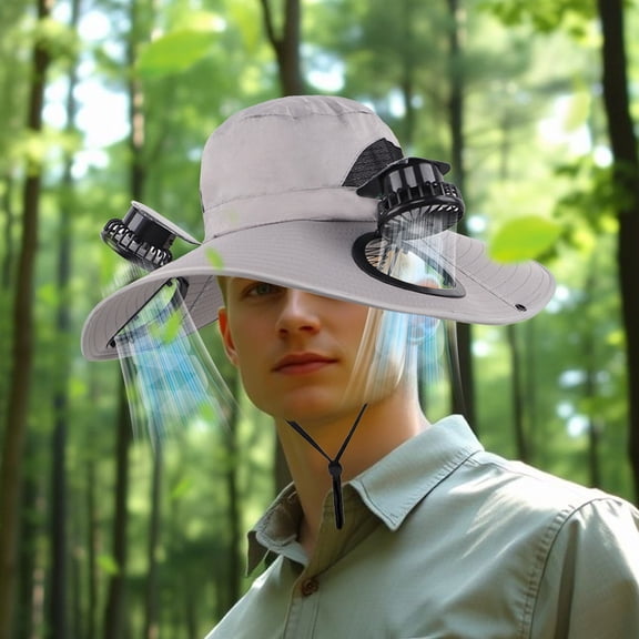 Darzheoy Outdoor Wide Sun Hat, Fishing Hats with 2 Solar Fan Sun, Bucket Hat for Men Women UPF 50 , Beach Hat with Fan Built in for Fishing, Hiking, Camping, Gray