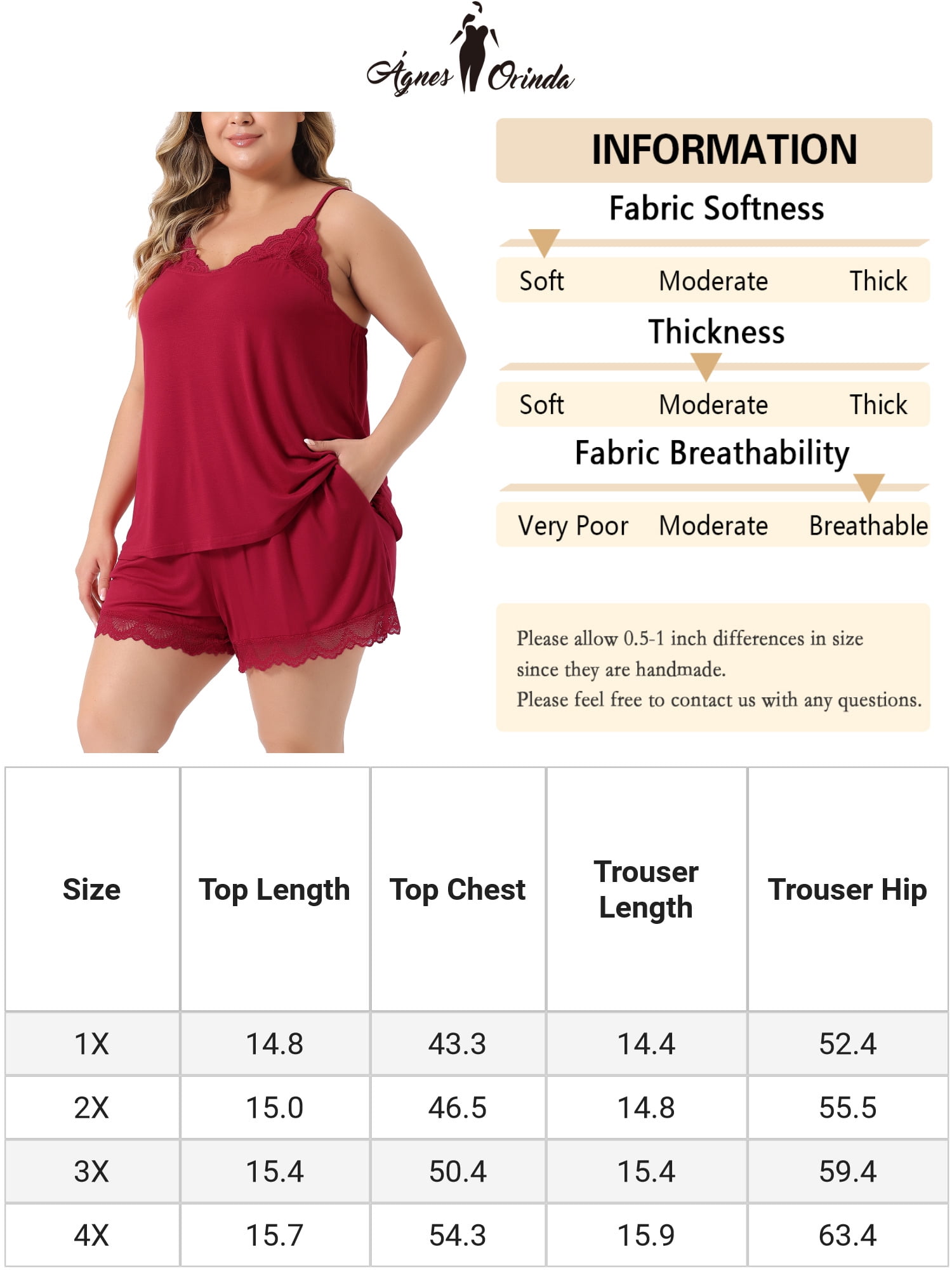 Unique Bargains Women's Plus Size Sleepwear Pajamas Lingerie Cami Shorts Nightwear Set 2X Red