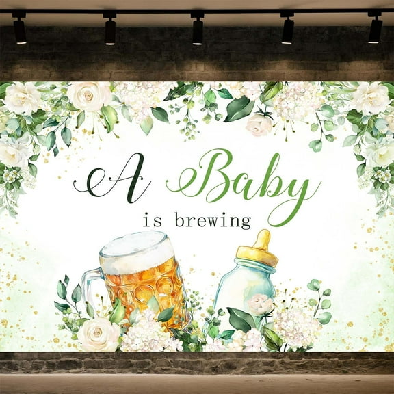 7 x 5 ft Sage Green Leaves Floral Baby Shower Decorations Backdrop, A Baby is Brewing Baby Bottle and Beer Shower Backdrop Banner Background Props for Gender Reveal Celebration Decoration