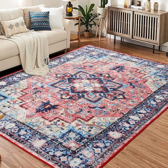 Washable Vintage Boho Area Rug, Low-Pile Non-Slip TPR Backing, Non-Shedding Distressed Medallion Rug for Living Room, Bedroom and Office,Light Red,4*6ft(122*183cm)