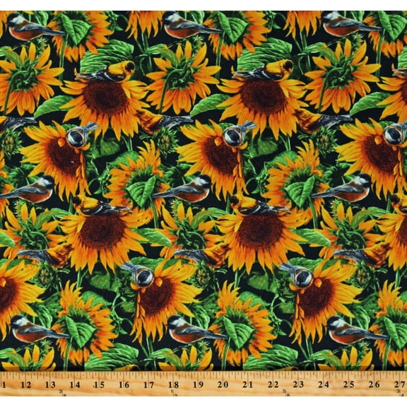 Cotton Sunflowers & Birds Flowers Floral Garden Nature Cotton Fabric Print by the Yard (WW-3052-5C-1)