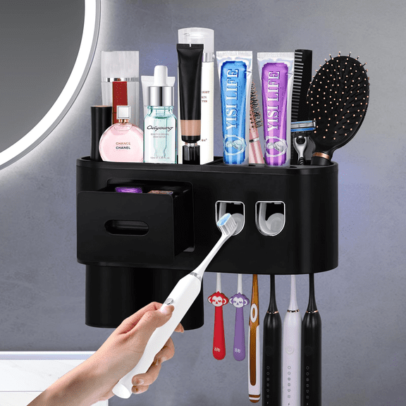 Bathroom Rechargeable Toothbrush Holder Wall Mounted with 3 Cups and 6 Slots, Large Capacity Storage Organizer with Cosmetic Drawer for Electric Toothbrushes and Accessories