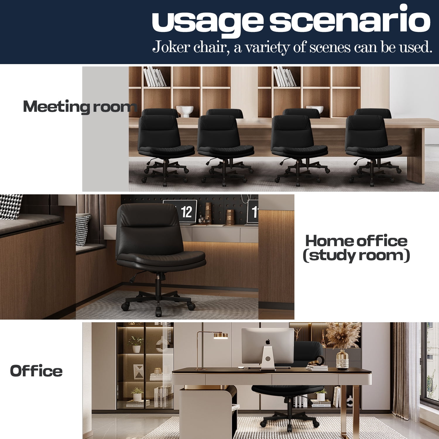Cross Legged Office Chair, Wide Seat Ergonomic Home Office Desk Chair with Wheels Swivel Computer Chair for Vanity, Black