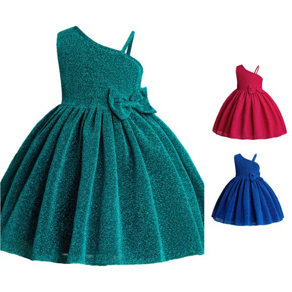 VNKIDY Girls Kids One Shoulder Single Thin Strap Glitter Tulle Tutu Dress Side Big Bow Pleated Skirt Birthday Wedding Formal Party Dress For Child 6-7 Years