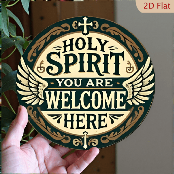 1pc Retro Metal Wall Art - _The Holy Spirit Is Welcomed Here_ Round Aluminum Sign with Cross & Wings Design, Vintage 2D Decor for Bedroom, Living Room, Bar, Coffee Shop, or Garage 8*8inch