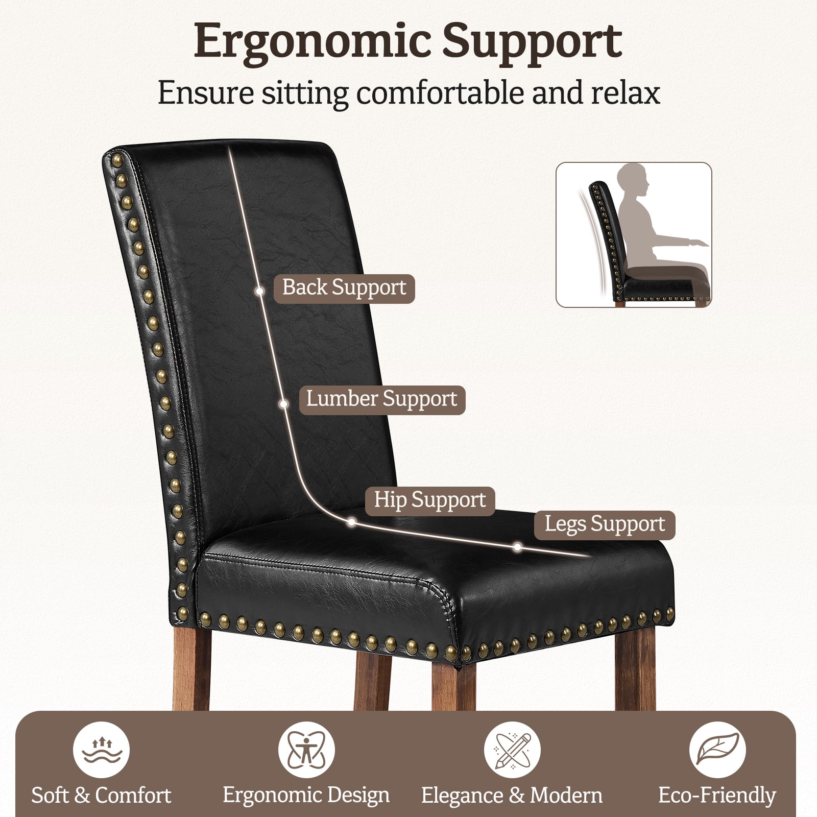 Firmoz Set of 2 Faux Leather Dining Chairs, Modern Side Chairs with Solid Wood Legs for Kitchen & Living Room, Black