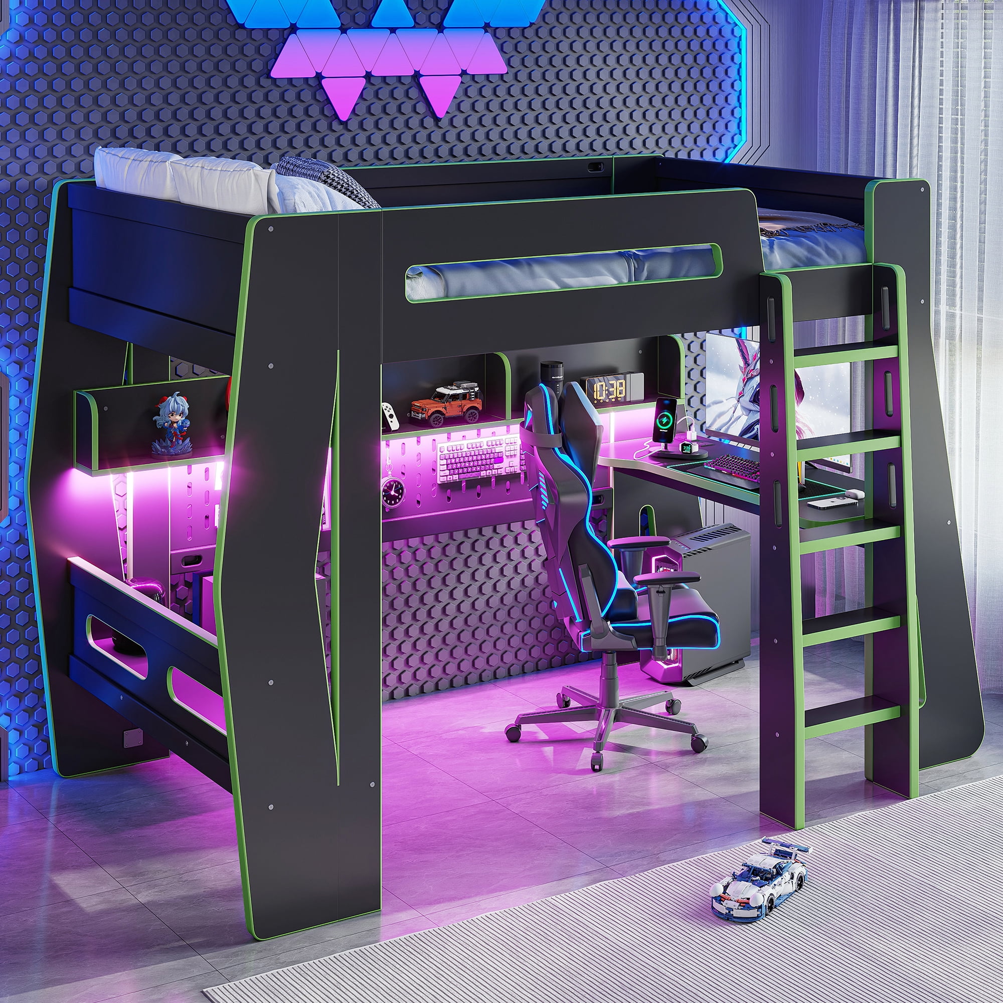 Mintazer Twin Size Gaming Loft Bed with Desk & LED Ambient Light, Esports Loft Bed with Storage Shelves & Power Outlet for Teens Bedroom, Green