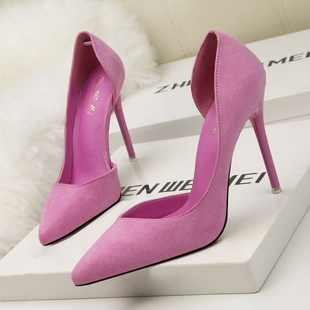 

8915-3 Korean fashion simple thin heel high heel suede thin shallow mouth pointed side sexy hollow women‘s shoes