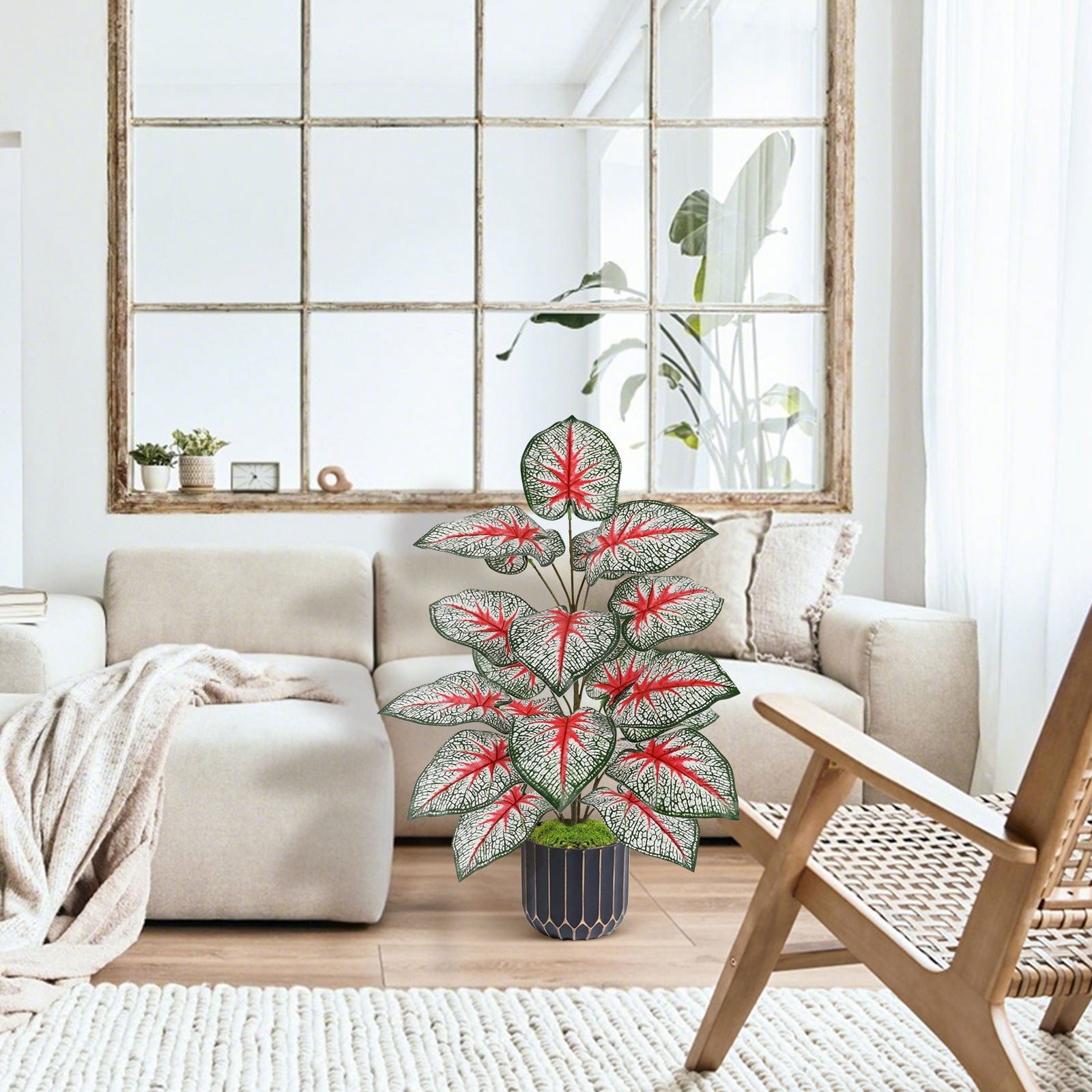 Artificial Caladium Plant Faux Red Heart Variegated Tropical Houseplant Realistic No Maintenance for Indoor Living Room Outdoor Patio Home Decor Simulation Green Plant 25.59 Inch 1Pcs