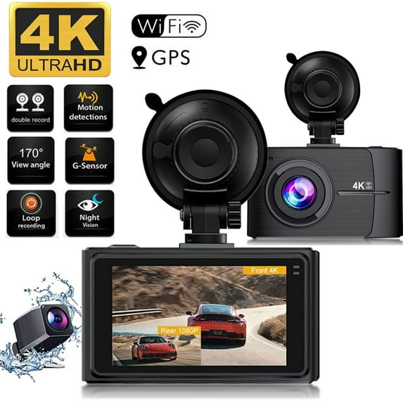 4K Dash Cam Front and Rear, Full HD 2160P Dual Car Dashboard Camera Recorder, 3" IPS Dual Camerawith WiFi, APP control, GPS, WDR Night Vision, Sony Sensor, G-Sensor, 170° Wide Angle, Speed Warning