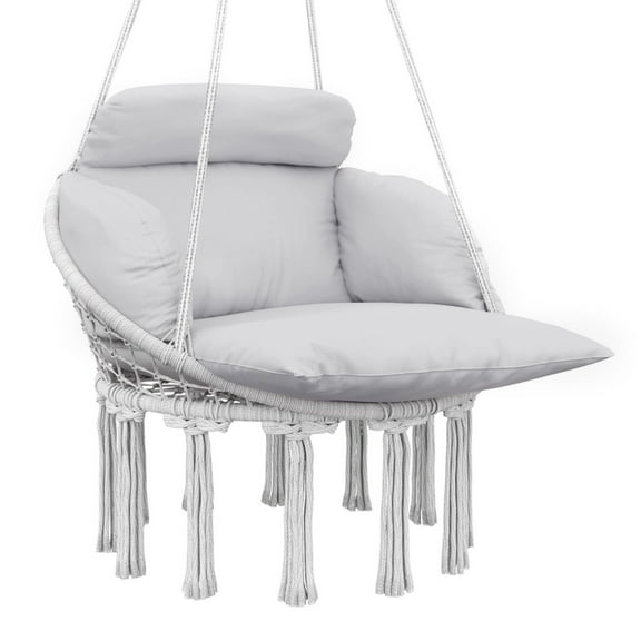 Macrame Hanging Chair with Large Cushion Steel Frame for Indoor Outdoor Use Gray Hammock Swing Chair