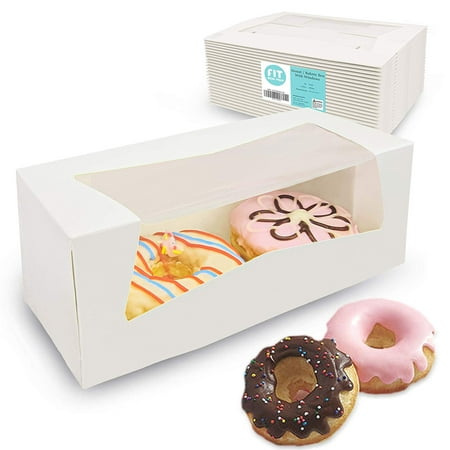 [25 Pack] 9x4x3.5” White Donut / Bakery Box with Window - Auto-Popup Cardboard Gift Packaging and Baking Containers, Cupcake, Cookie and Loaf Bread
