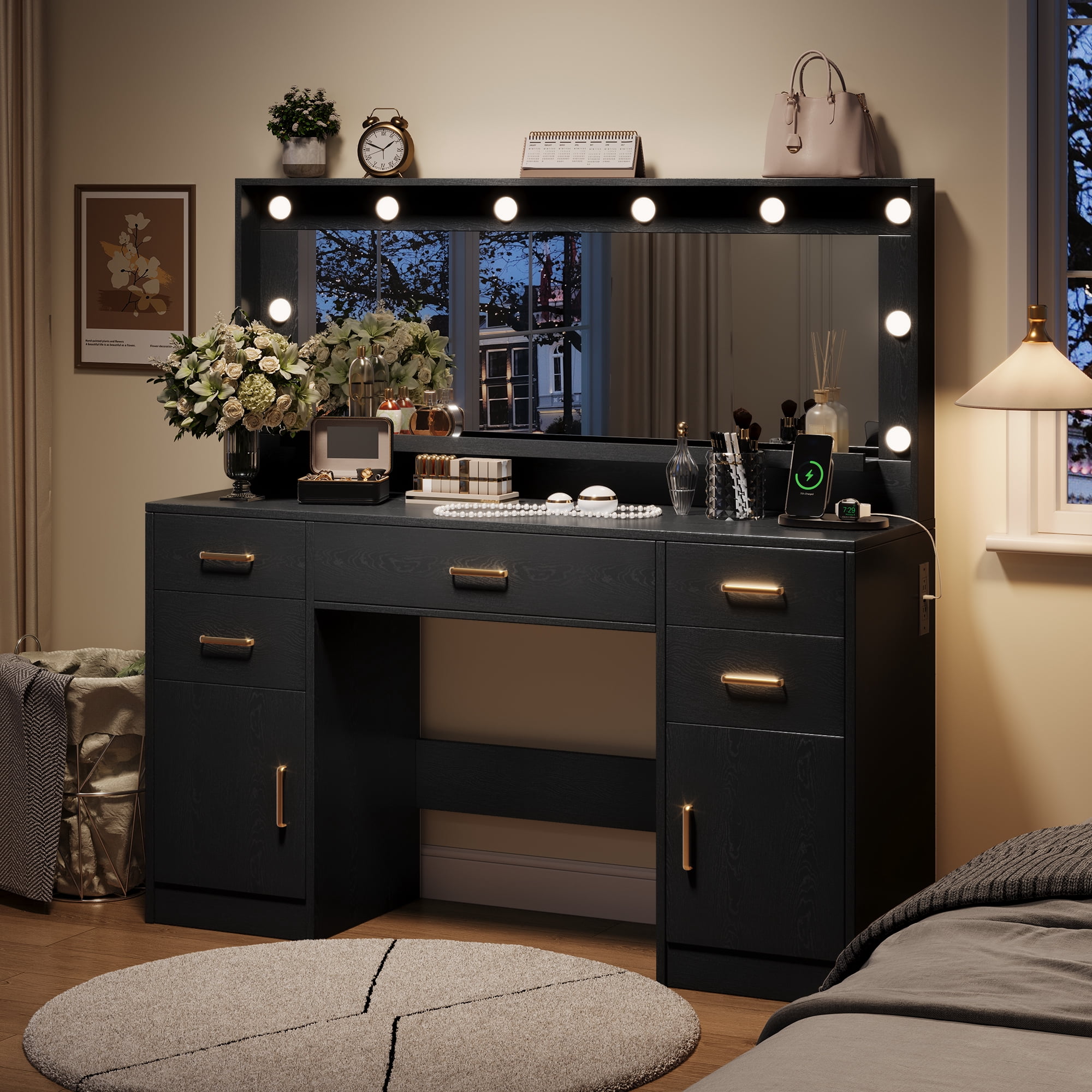 UGTOO 44.8" Black LED Vanity Desk with Hollywood Lights & Charging Station, Modern Makeup Table with 5 Drawers, 2 Cabinets & 3 Lighting Modes, Large Dressing Table for Women
