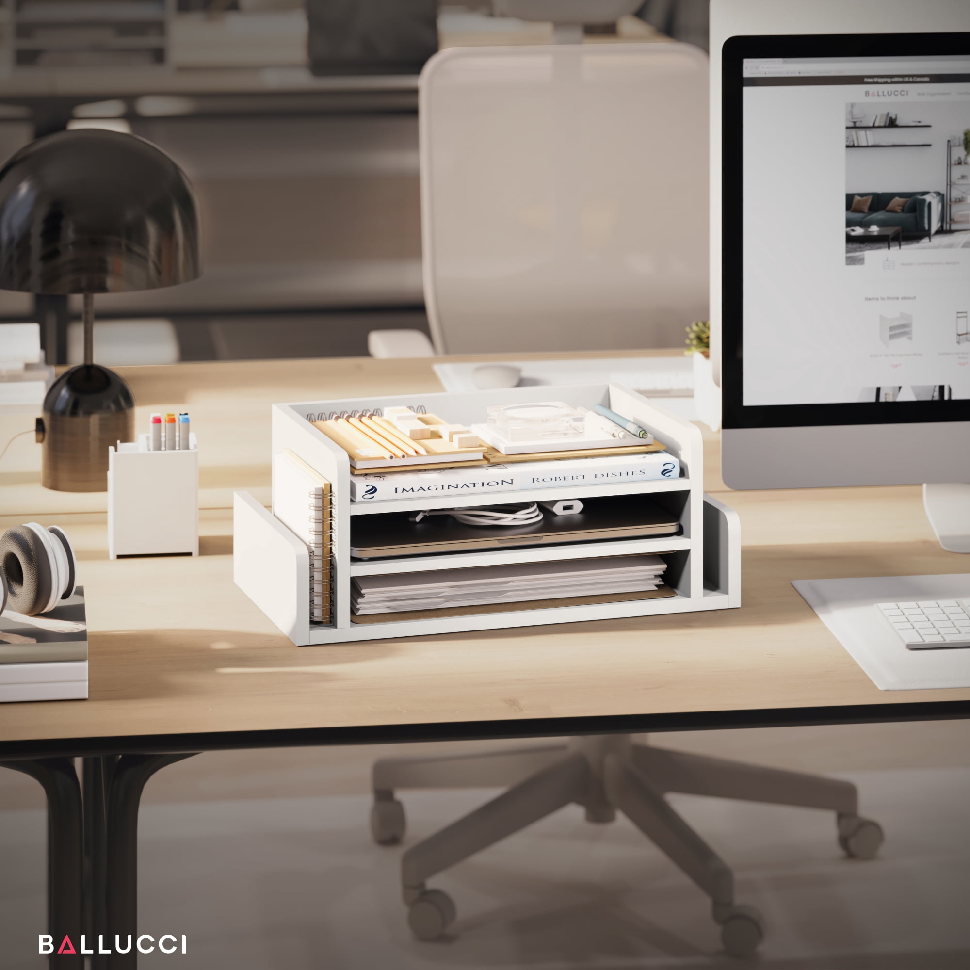 Ballucci 3-Tier Desk Organizer with 2 Side Mail Sorter Slots, Office Letter Tray, White