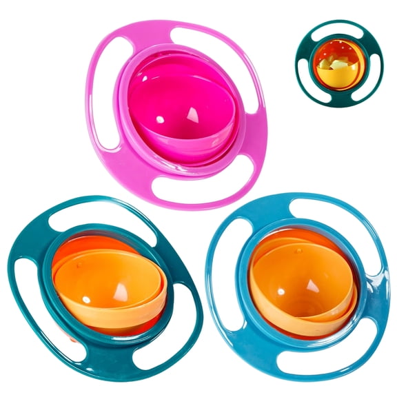 360 Degree Spill Resistant Gyro Bowl Set of 3 with Lid, BPA Free Toddler Feeding Bowls, Red Blue Green