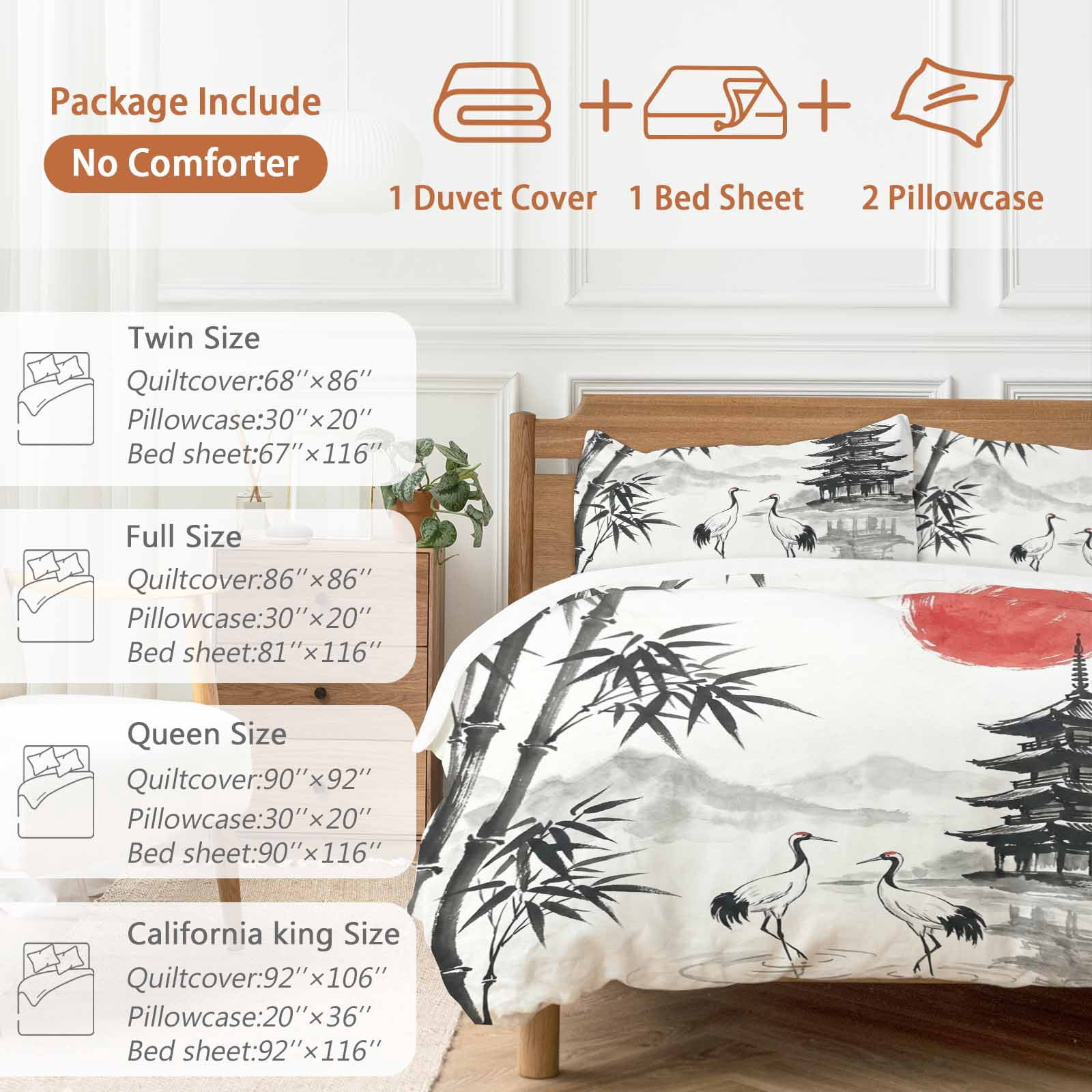 White Crane Duvet Cover Set Queen Size, Ink Wash Gray Black Bamboos Trees Japanese Pagoda Red Sun 4 Piece Microfiber Bedding Set with Zipper Closure, 1 Comforter Cover, 1 Flat Sheet, 2 Pillowcases