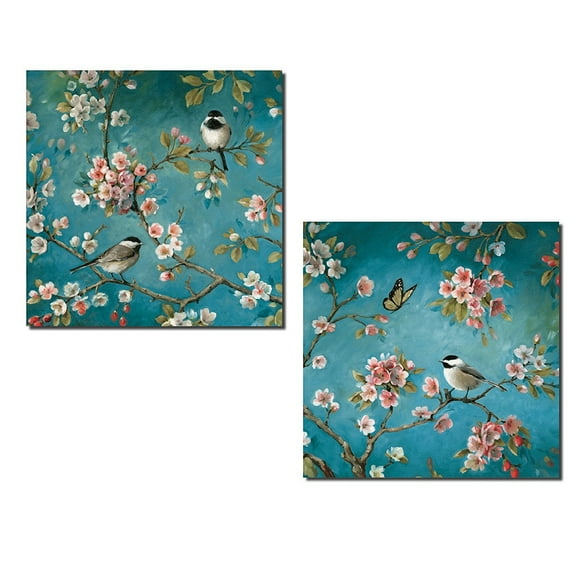 Modern Turquoise Cherry Blossom, Bird and Butterfly Adult Decor; 2- 12" x 12" Unframed Prints
