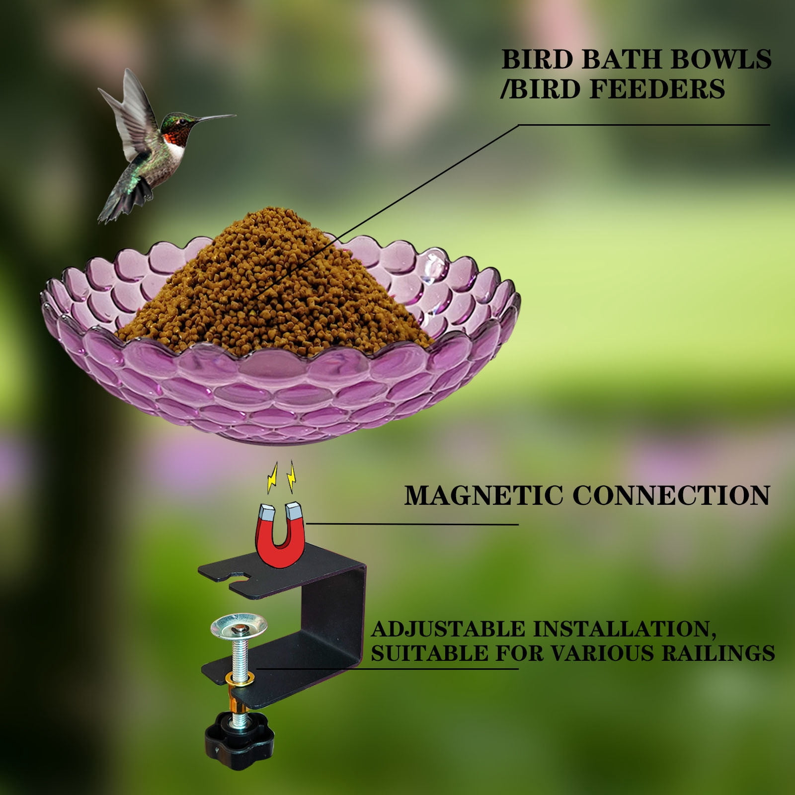 NIUBWJL Deck Mounted Bird Bath with Adjustable Clamp, Unheated Detachable Bird Bath Hummingbird Birdbath Bowl Balcony Fence Decor
