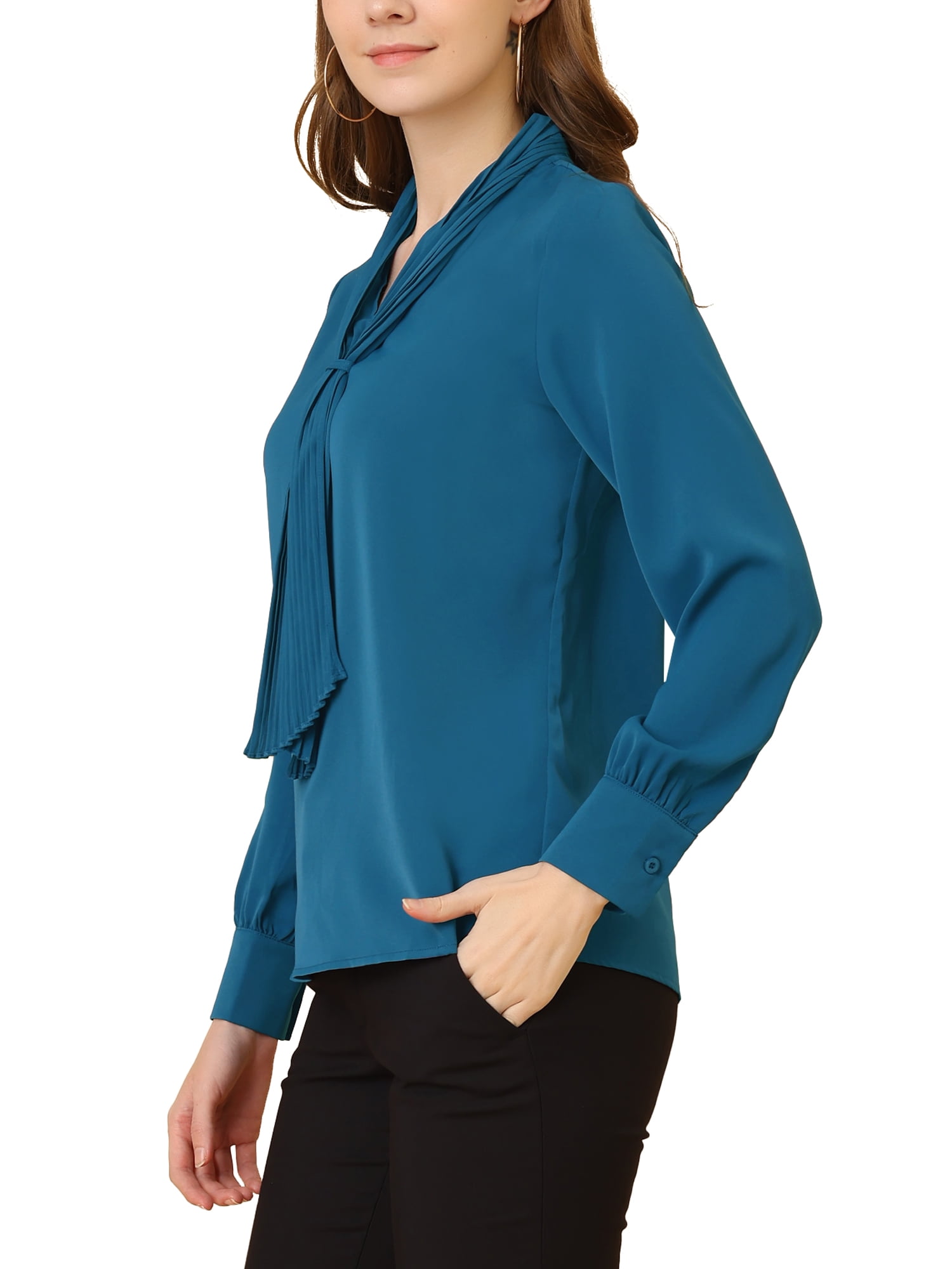 DARING DIVA Work Office Blouse Pleated Top Shirt L Peacock Blue
