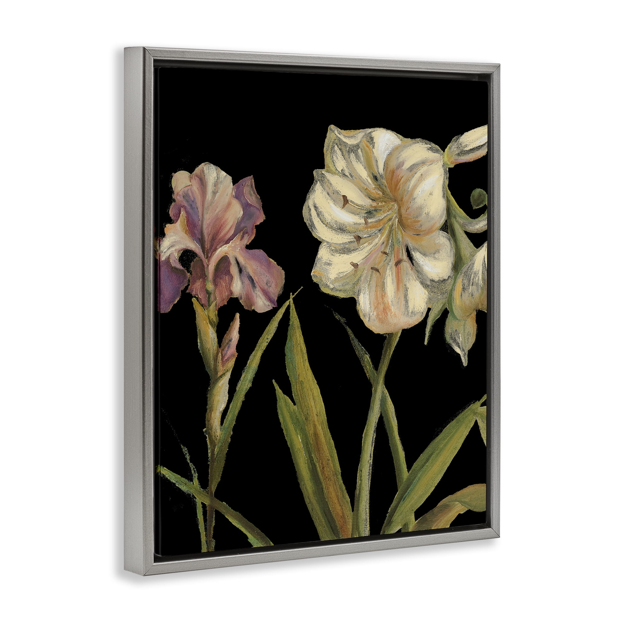 Stupell Industries Iris Flowers on Black Botanical & Floral Painting Gray Floater Framed Canvas Art Print Wall Art, 25 x 31