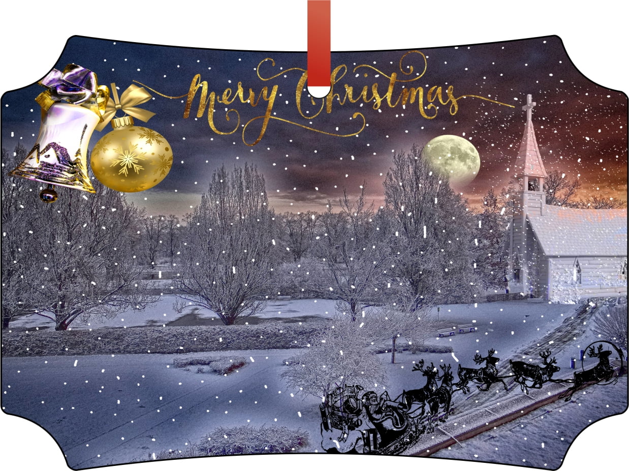 Merry Christmas Snowy Village Elegant Glossy Double Sided Aluminum