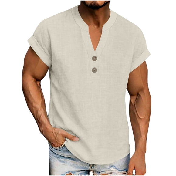 cfhntfmh Cotton Linen Henley Shirts for Men Casual Short Sleeve V Neck Muscle Shirt Summer Beach T-Shirts Trendy Clothes