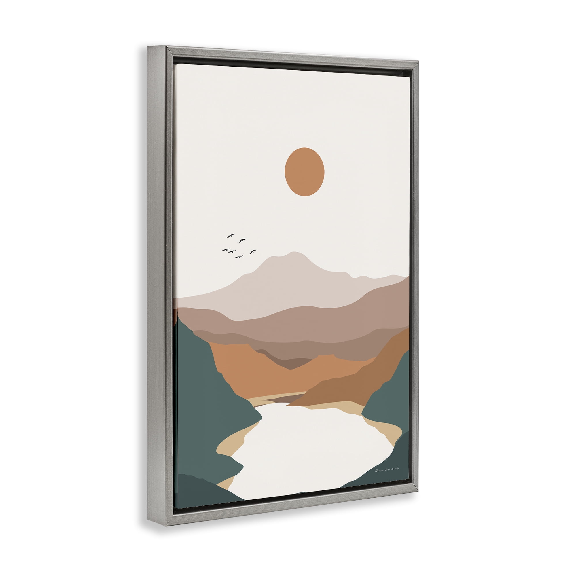 Stupell Industries Mountain Valley Lake Landscape & Nature Painting Gray Floater Framed Canvas Art Print Wall Art, 21 x 31